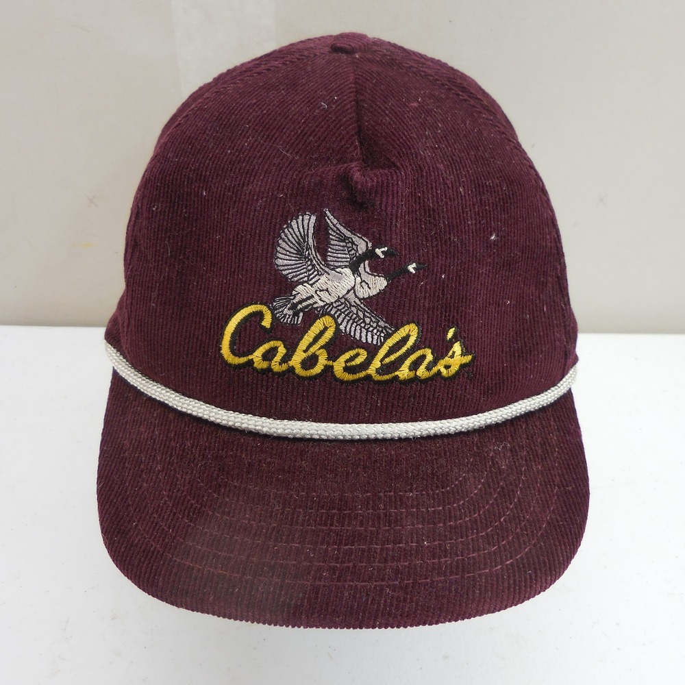 Vintage Cabelas Corduroy Rope Hat Maroon Goose Embroidered Leather Strapback USA